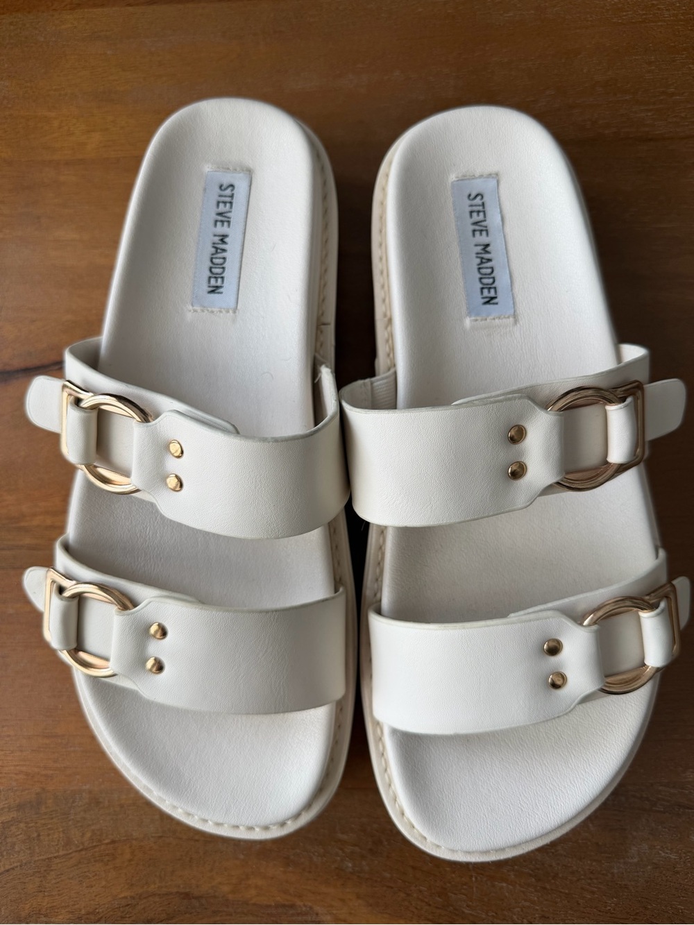 Steve Madden Womens White Double-Buckle Slide Sandals